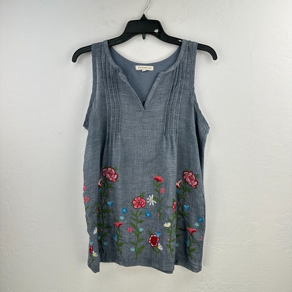 Retrology Top Womens M Blue Floral‎ Woven Sleeveless Pleated V-neck Blouse